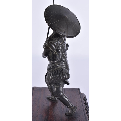 80C - A 19TH CENTURY JAPANESE MEIJI PERIOD BRONZE OKIMONO modelled as a male with a speared bird. Bronze 2... 