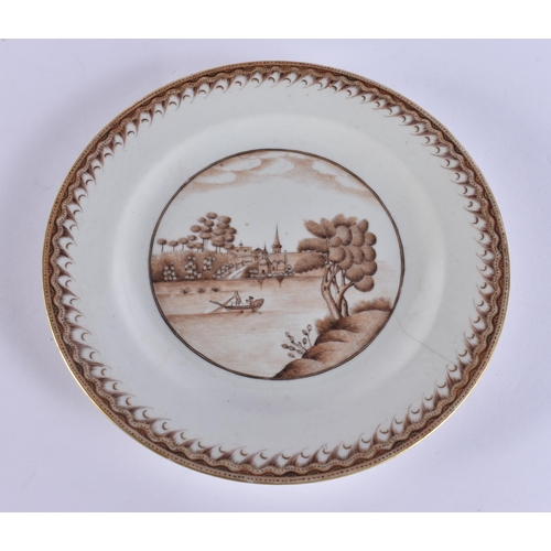 80D - AN 18TH CENTURY CHINESE EXPORT SEPIA DECORATED PORCELAIN LANDSCAPE DISH Qianlong. 19.5 cm diameter.