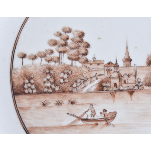 80D - AN 18TH CENTURY CHINESE EXPORT SEPIA DECORATED PORCELAIN LANDSCAPE DISH Qianlong. 19.5 cm diameter.