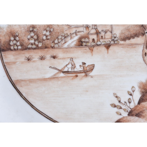 80D - AN 18TH CENTURY CHINESE EXPORT SEPIA DECORATED PORCELAIN LANDSCAPE DISH Qianlong. 19.5 cm diameter.