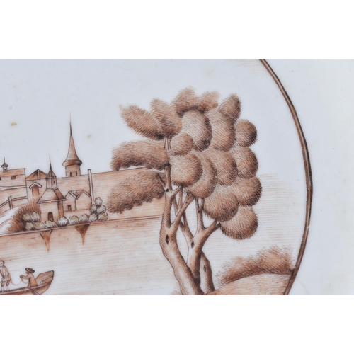 80D - AN 18TH CENTURY CHINESE EXPORT SEPIA DECORATED PORCELAIN LANDSCAPE DISH Qianlong. 19.5 cm diameter.