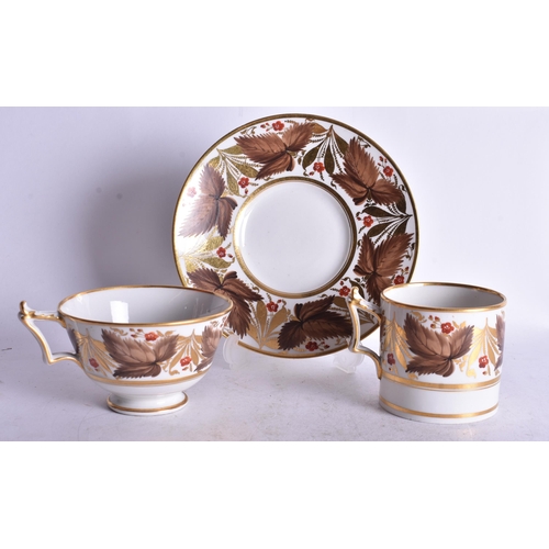 814 - Early 19th century Flight Barr and Barr teacup, coffee can and saucer with brown leaves and red flow... 