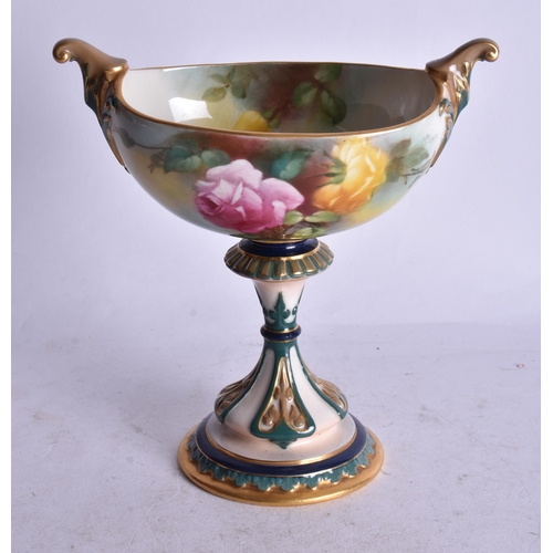 841 - Royal Worcester boat shaped vase painted with roses in Hadley style by May Blake, signed date code f... 