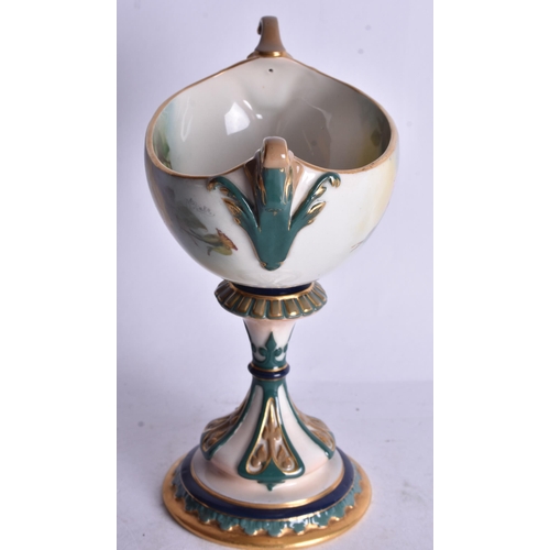 841 - Royal Worcester boat shaped vase painted with roses in Hadley style by May Blake, signed date code f... 