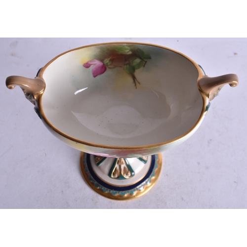 841 - Royal Worcester boat shaped vase painted with roses in Hadley style by May Blake, signed date code f... 