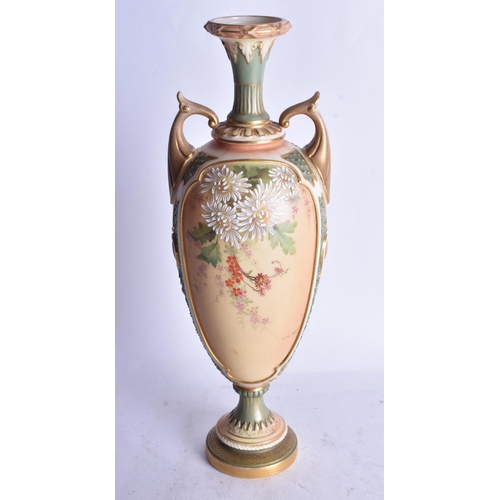 843 - Royal Worcester two handled vase painted with flowers on a blush ivory ground date code 1898. 26cm