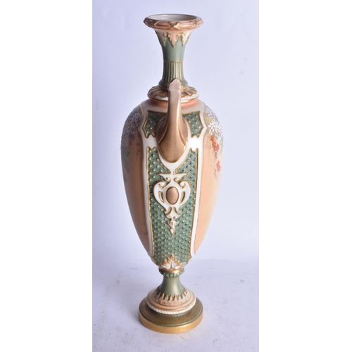 843 - Royal Worcester two handled vase painted with flowers on a blush ivory ground date code 1898. 26cm
