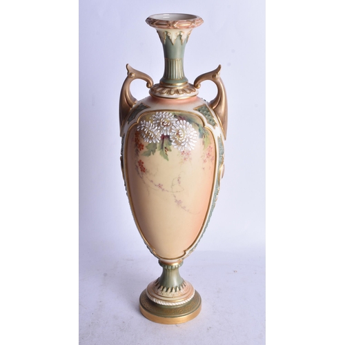 843 - Royal Worcester two handled vase painted with flowers on a blush ivory ground date code 1898. 26cm