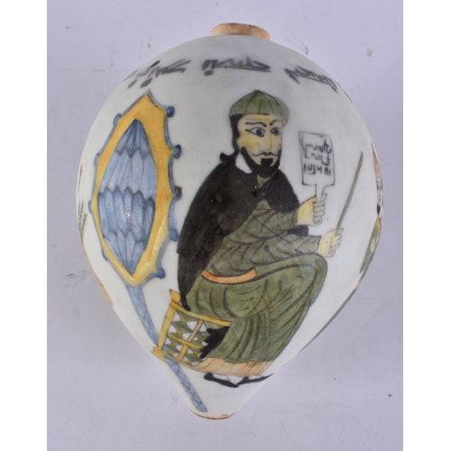 85 - A LARGE TURKISH KUTAHYA POTTERY HANGING MOSQUE BALL. 22 cm x 12 cm.