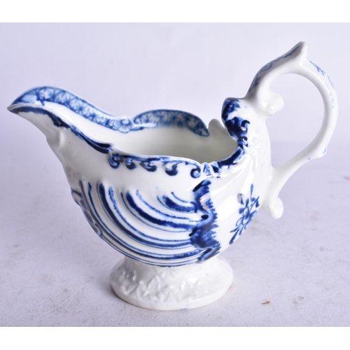 858 - 18th century Derby moulded ewer painted with in blue and white under a handle with thumbrest. 8cm hi... 