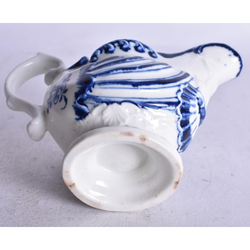 858 - 18th century Derby moulded ewer painted with in blue and white under a handle with thumbrest. 8cm hi... 