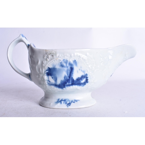 865 - Early 18th century Lowestoft small delicately moulded sauceboat painted with two landscapes in panel... 