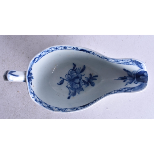 865 - Early 18th century Lowestoft small delicately moulded sauceboat painted with two landscapes in panel... 