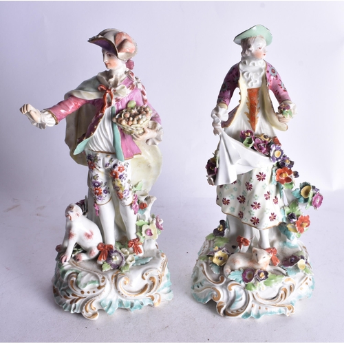 875 - 18th century Derby fine pair of figures of a shepherd and shepherdess on a rococo base her with a do... 
