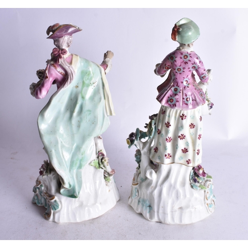875 - 18th century Derby fine pair of figures of a shepherd and shepherdess on a rococo base her with a do... 