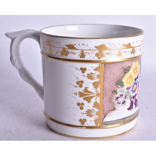 876 - Early 19th century Derby mug painted with a table of flowers in a basket. 7.5cm height
