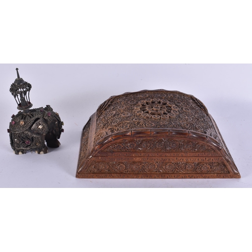 921 - AN ANGLO INDIAN WOOD BOX together with a jewelled elephant. Box 15 cm wide. (2)