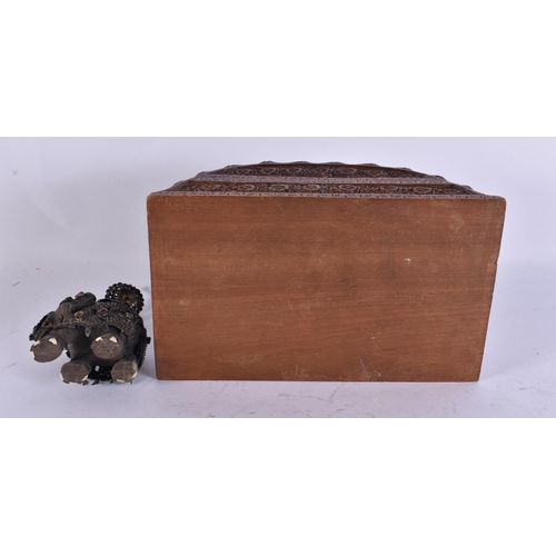 921 - AN ANGLO INDIAN WOOD BOX together with a jewelled elephant. Box 15 cm wide. (2)