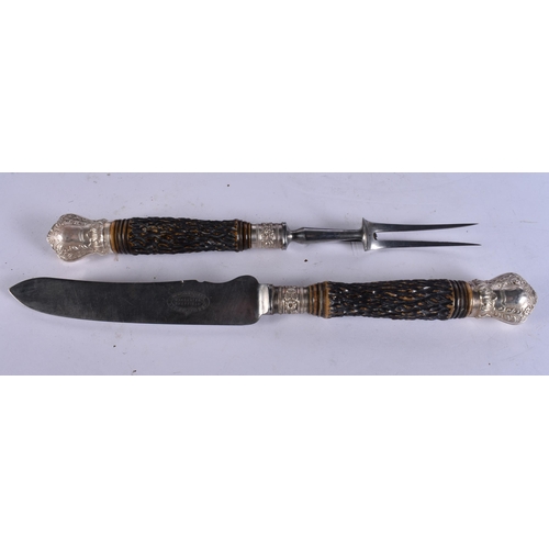 940 - A CASED ANTIQUE ANTLER HORN SERVING SET together with another cased set. (2)