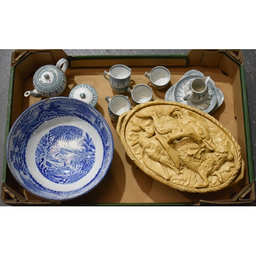 943 - A LARGE ANTIQUE STAFFORDSHIRE BLUE AND WHITE BOWL together with a tureen & cover & miniature teaset.... 