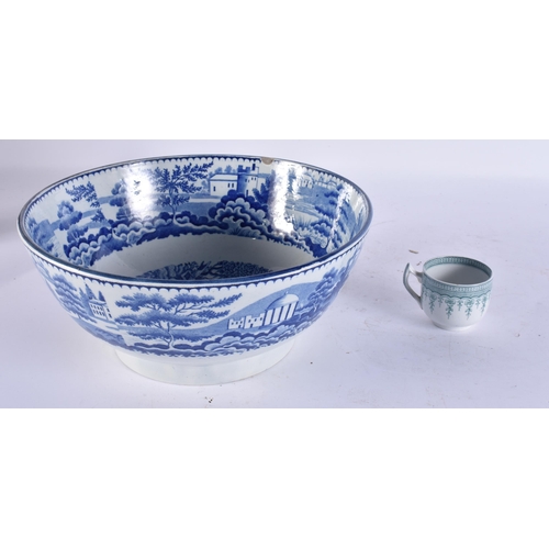 943 - A LARGE ANTIQUE STAFFORDSHIRE BLUE AND WHITE BOWL together with a tureen & cover & miniature teaset.... 