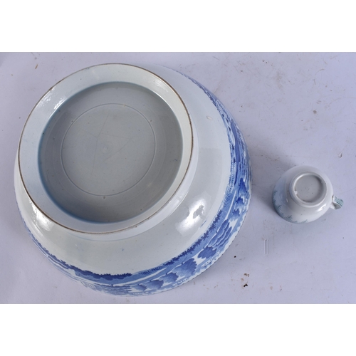 943 - A LARGE ANTIQUE STAFFORDSHIRE BLUE AND WHITE BOWL together with a tureen & cover & miniature teaset.... 