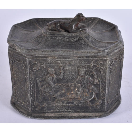 959 - A GEORGE III LEAD TOBACCO BOX AND COVER. 13 cm x 11 cm.