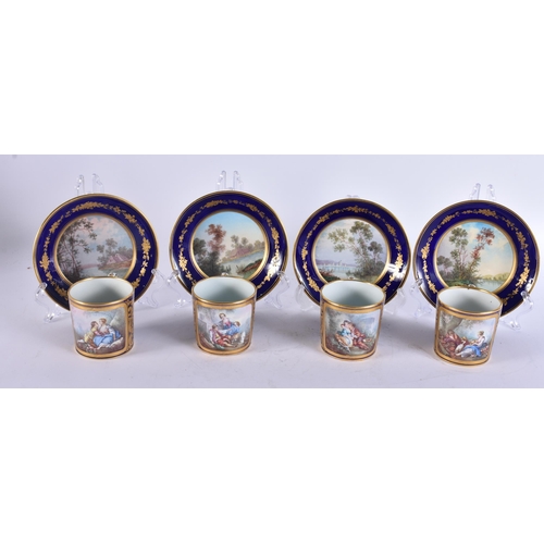 992 - FOUR 19TH CENTURY FRENCH SEVRES PORCELAIN CUPS AND SAUCERS. 13 cm wide. (8)