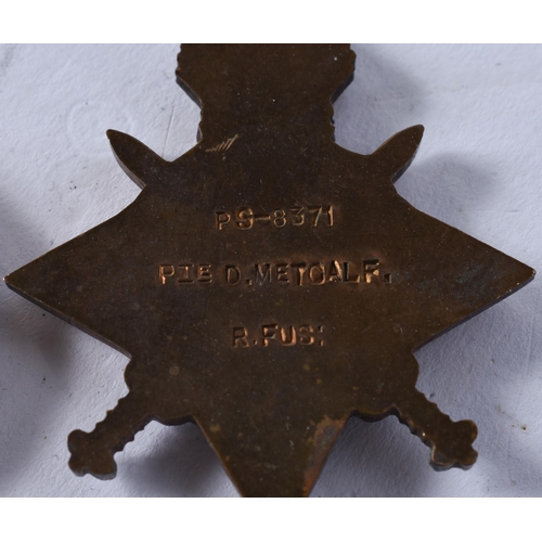 1019 - WW1 1914-15 Star Trio Named- Ps-8371 Pte D. Metcalfe R. Fus. (2)