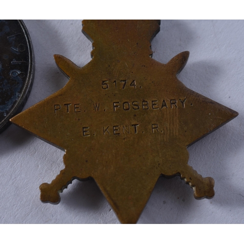 1048 - WW1 1914-15 Star Trio Named- 5174 Pte W. Fosbeary E. Kent Regt. (3)