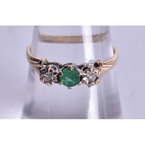 1111 - 9ct gold emerald diamond trilogy ring (1.5g). M 1/2.