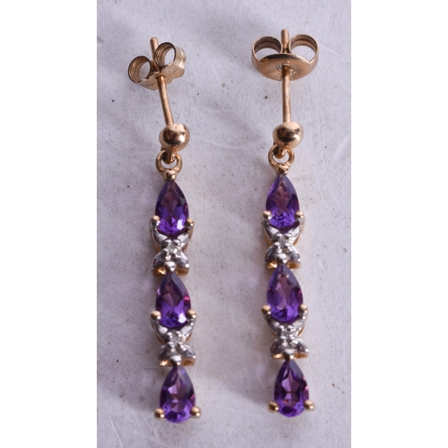 1148 - 9ct gold amethyst diamond drop earrings (2g). 2.75 cm x 0.5 cm.
