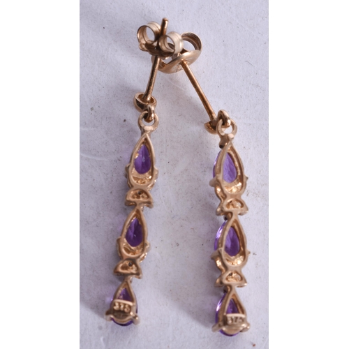 1148 - 9ct gold amethyst diamond drop earrings (2g). 2.75 cm x 0.5 cm.