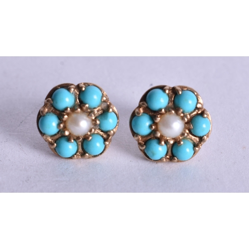 1170 - 9ct gold split pearl turquoise earrings (2.4g). 1 cm wide.