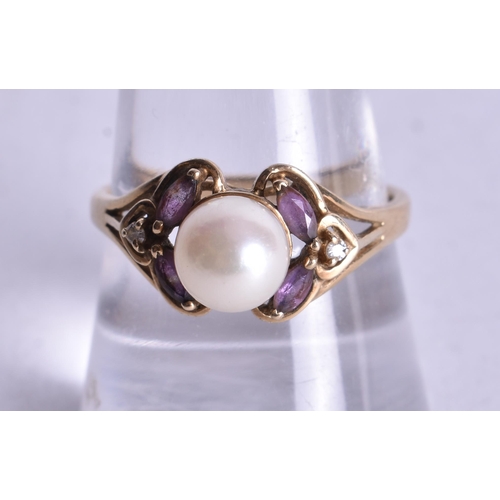 1172 - 9ct gold cultured pearl amethyst diamond ring (2.8g). Q 1/2.