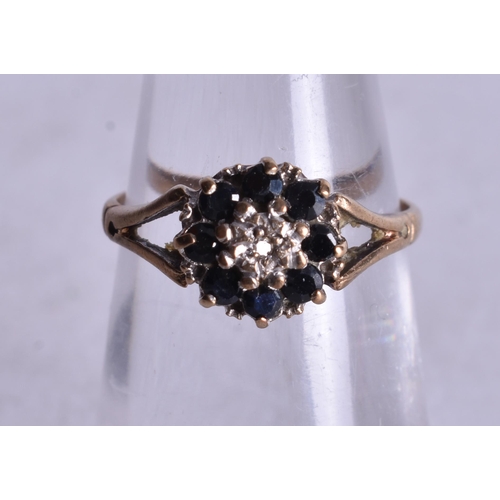 1189 - 9ct gold sapphire diamond cluster ring (1.6g). I.