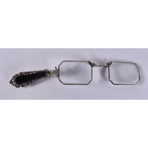1261 - A PAIR OF MARCASITE SET WHITE METAL LORGNETTES. 12 cm long extended.