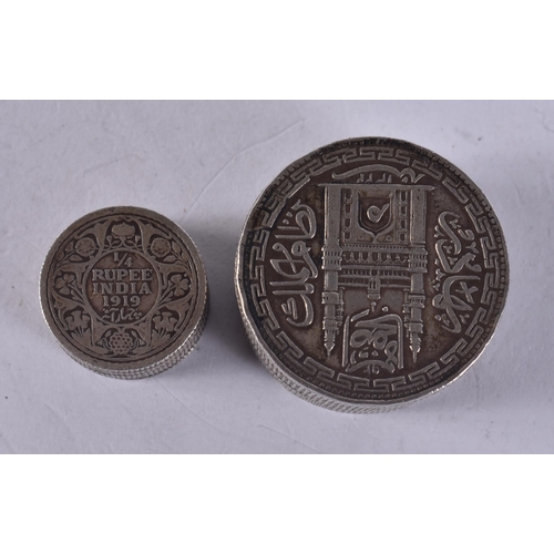 1268 - AN ISLAMIC COIN BOX together with another. 56.3 grams. Largest 3 cm x 1.75 cm. (2)
