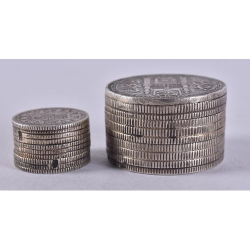 1268 - AN ISLAMIC COIN BOX together with another. 56.3 grams. Largest 3 cm x 1.75 cm. (2)