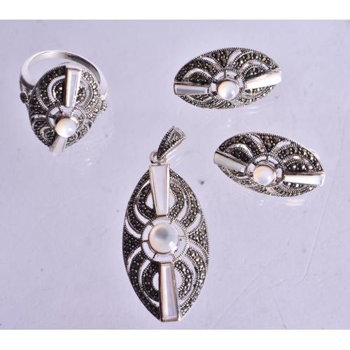 1369 - SILVER AND MARCASI8TE RING, EARRINGS AND PENDANT. 25 grams. 5 cm x 2 cm. (4)
