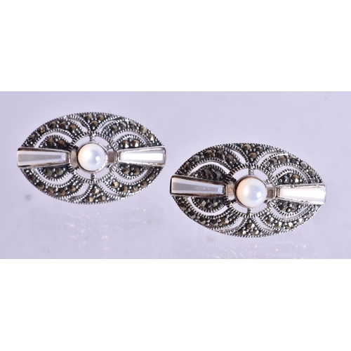 1369 - SILVER AND MARCASI8TE RING, EARRINGS AND PENDANT. 25 grams. 5 cm x 2 cm. (4)