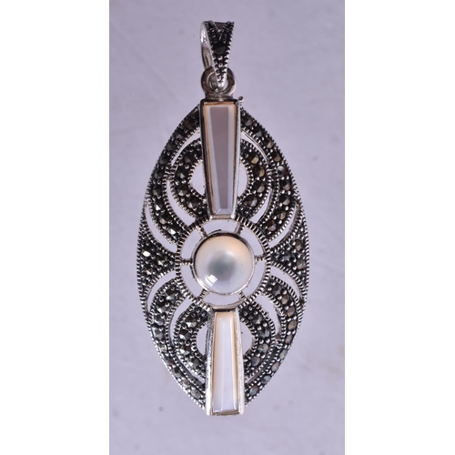 1369 - SILVER AND MARCASI8TE RING, EARRINGS AND PENDANT. 25 grams. 5 cm x 2 cm. (4)