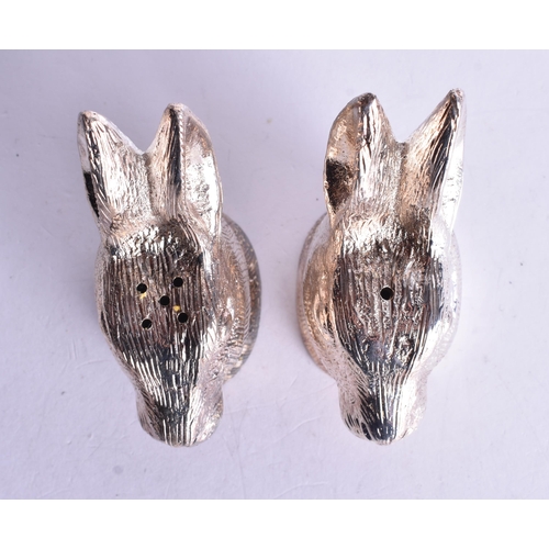 1382 - A PAIR OF SILVER PLATED RABBIT CONDIMENTS. 517 grams. 7.5 cm x 5.25 cm.