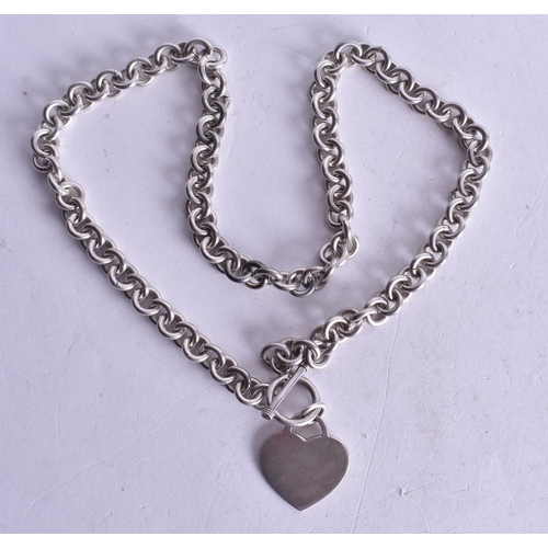 1437 - Sterling Silver Belcher Chain Necklace With T-bar, Heart Charm (58g). 42 cm long.