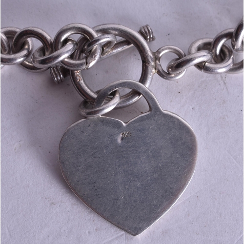 1437 - Sterling Silver Belcher Chain Necklace With T-bar, Heart Charm (58g). 42 cm long.