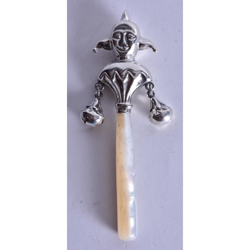 1483 - A Babies Rattle with a Silver Jester Top.  Stamped 925.  9.7cm x 2.8cm, weight 18.2g