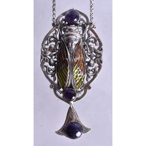 1492 - A White Metal, Enamel. Hardstone Enamel Pendant Necklace.  Pendant 10cm x 4.6cm, Chain 42cm, weight ... 