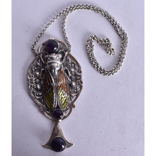 1492 - A White Metal, Enamel. Hardstone Enamel Pendant Necklace.  Pendant 10cm x 4.6cm, Chain 42cm, weight ... 