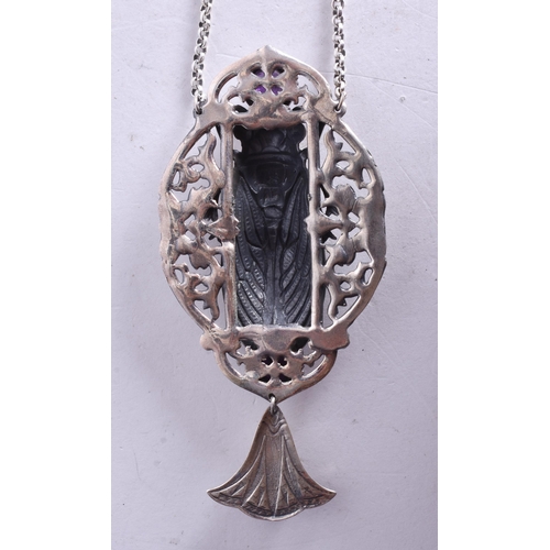 1492 - A White Metal, Enamel. Hardstone Enamel Pendant Necklace.  Pendant 10cm x 4.6cm, Chain 42cm, weight ... 