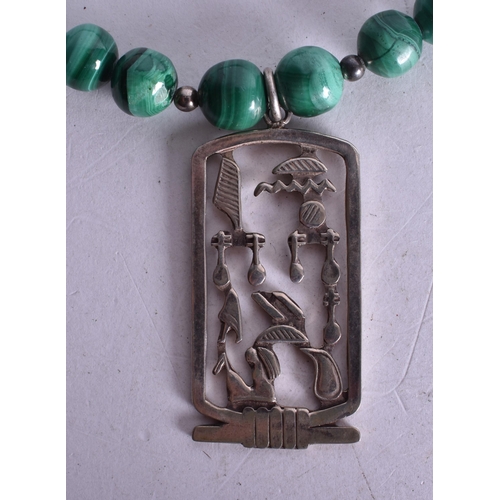 1544 - A Malachite Bead Necklace with an Egyptian Revival Pendant.  Largest Bead Size 9mm, Length 48cm, Pen... 
